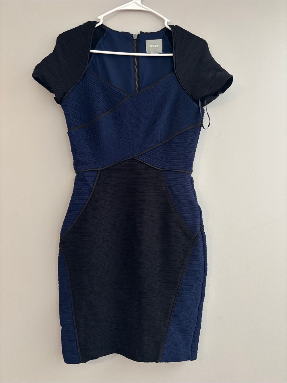 Maeve Navy and Black Textured Panel Mini Dress